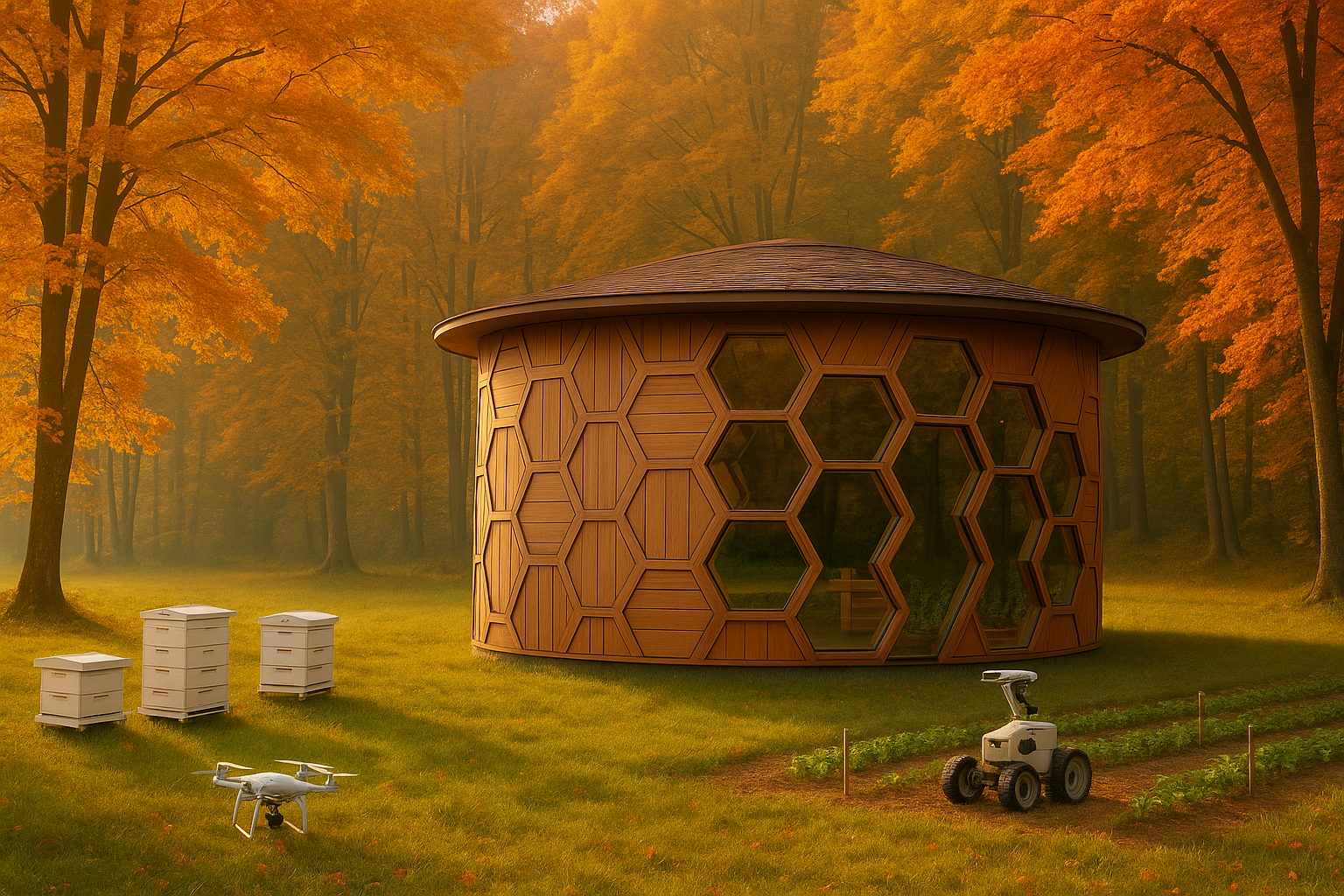 Autumn apiary with beehouse, hives, drone and field robot